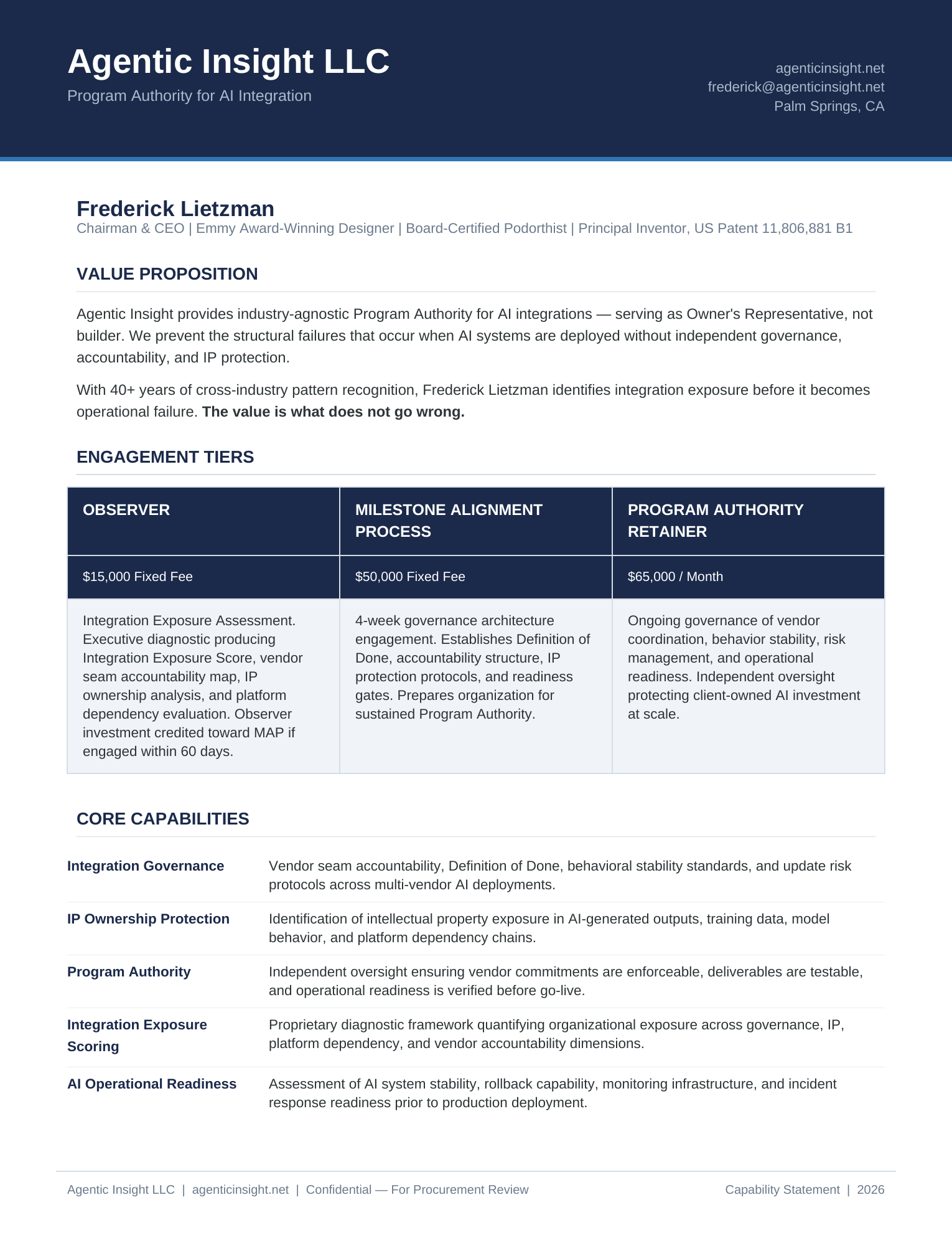 Agentic Insight LLC Capability Statement — Program Authority for AI Integration. Engagement tiers: Observer $15K, MAP $50K, Program Authority Retainer $65K/month.